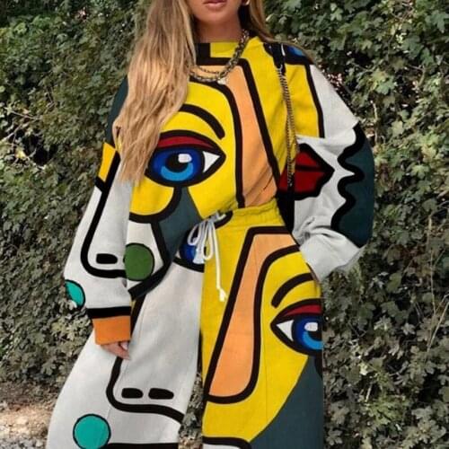 Yellow Eyes Print Casual Retro Thin Sweatshirt 2-piece Suit Ladies Sportswear Streetwear Pants Matching Suit Plus Size Autumn