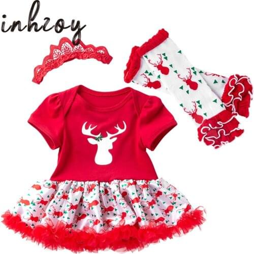 Christmas Newborn Baby Girls New Year Costume Mini Dress Set of Three Santa Elf Deer Printed Romper Headband Ankle Socks Outfit