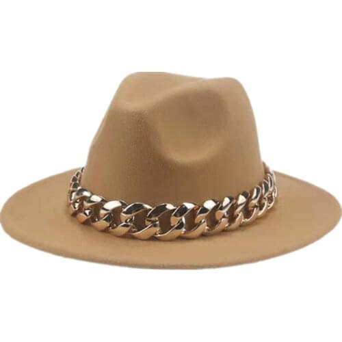 Womens hats wide brim with Thick gold chain band belted classic beige felted hat black cowboy jazz caps luxury fedora women hats