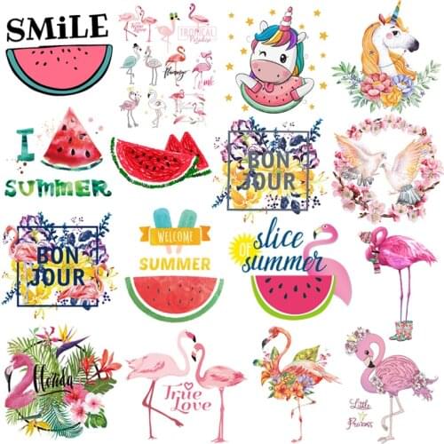 Pulaqi Flamingo Iron On Heat Transfer Watermelo Vinyl Heat Transfers For Clothing Cartoon Patches DIY Stickers On Baby Clothes