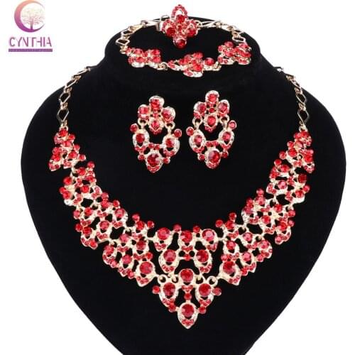 Top Exquisite Dubai Gold Colors Crystal Embedded Scarf Pattern Necklace Bracelet Earring Ring African Beads Jewelry Set