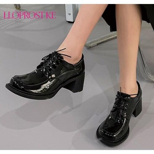 Lloprost ke Square Toe Patent PU Stylish Girls Pumps Big Size 42 43 Cross-tied Punk Gothic Brogues Shoes Womens Chunky High Heel