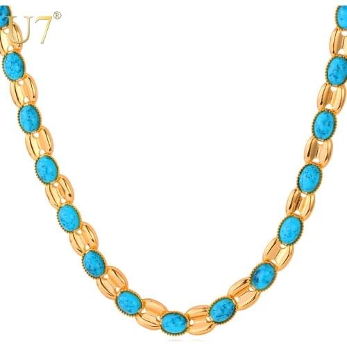 U7 Bohemia Necklace Gold Color Blue Stone Jewelry Trendy Chain Necklace For Women Jewelry N387