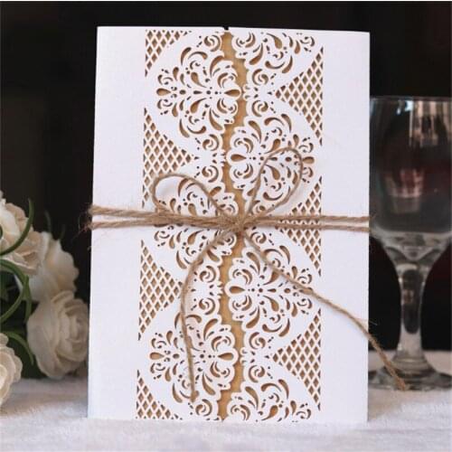 Vintage flower laser cut wedding invitations white folded with hemp personalized printing 50pcs
