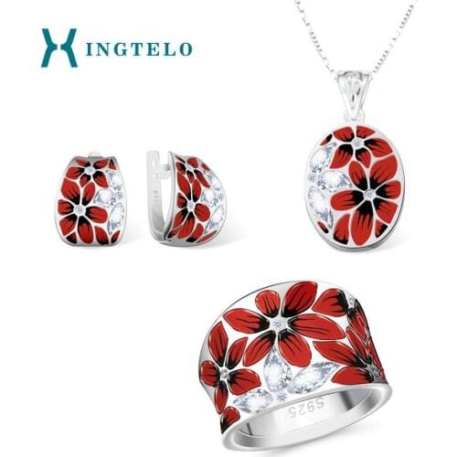 XINGTELO Bridal Jewelry 925 Sterling Silver Jewelry Set Cubic Zirconia Enamel Flower Ring Pendant Earring Chain