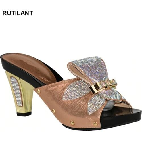 Peach Color African Women Shoes Decorated with Rhinestone Italy Women Shoes for Party Italian Women Summer Sexy High Heels Pumps