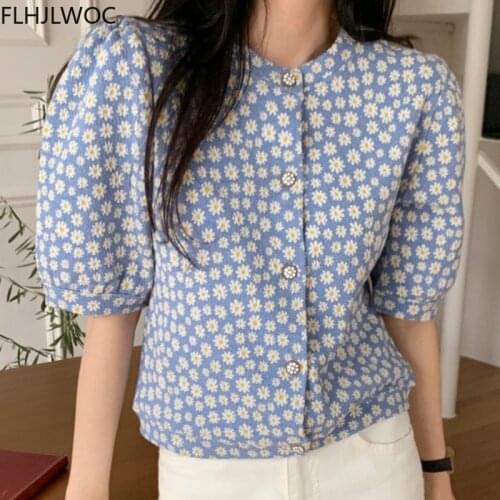 Chic Korea Tops Blusas Women Cute Sweet Girls Flower Floral Printing Retro Short Single Breasted Button Blue Shirts Vintage
