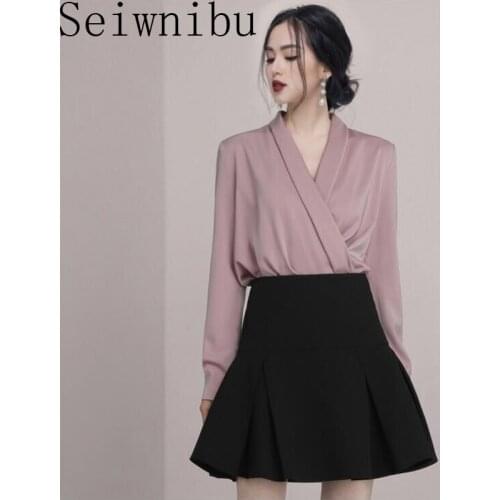Women Formal Office 2 Pieces Sets 2020 Female V-Neck Long Sleeve Elegant Womens High Waist mini A-Line Skirt Femme OL Clothes