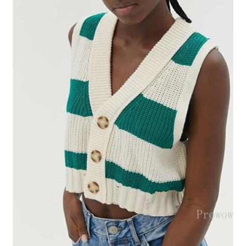 Green Striped Cropped Sweater Vest Women 2021 V Neck Frayed Loose Sleeveless Cardigan Vest Sweater Female Waistcoat Chic Tops