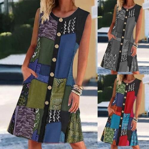 Special Interesting Design Dress Summer Womens new sleeveless O-neck printed button A-Line Casual Vest Dress Office Lady Robe