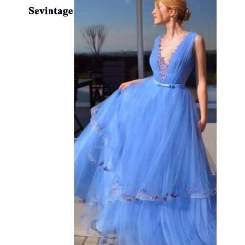 Sevintage Blue Lace Prom Dresses Pleats Appliques Deep V-Neck Long Evening Gowns with Sashes Formal Women Party Dress 2021