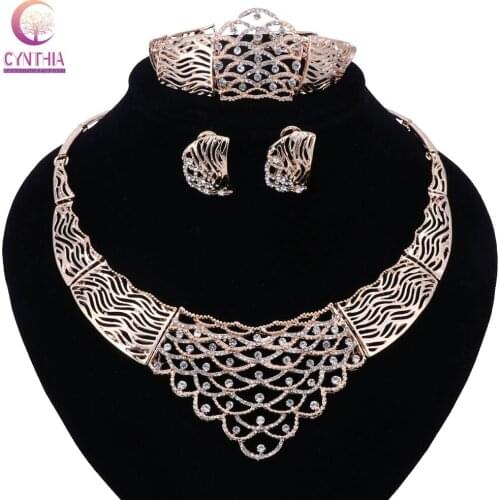 Gold Color Bridal Jewelry Sets For Wedding Flower Choker Necklaces Earrings Ring Bracelet Dubai Jewelry Accessories Gift