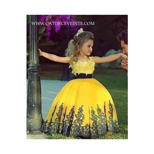 2015 Cute Yellow Spaghetti Strap Appliqued Lace Puffy Flower Girl Dresses