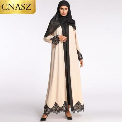 Abaya Dubai Moroccan Kaftan Gown Fashion Simple Muslim Cardigan Lace Panel Solid Color Cardigan Musulmane Femme Dress