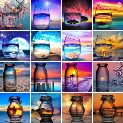 Huacan 5D Diamond Painting Cup Sunset Diamond Mosaic Embroidery Seaside Landscape Picture Of Rhinestones Home Decoration