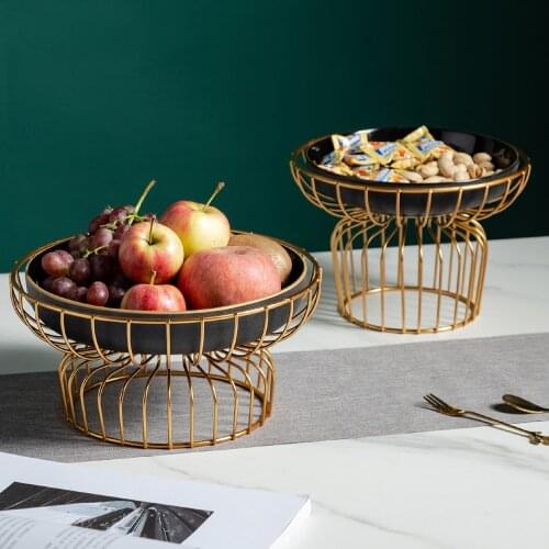 Nordic Home Decor Ceramic Fruit Plate Metal Bracket Living Room Dining Room Table Decoration Accessories Fruit Snack Storage