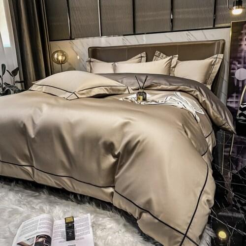 Beige White 600TC Cotton Bedding Set Luxury Gold Stripe Embroidery Duvet Cover Flat/Fitted Sheet Pillowcases Home Textiles