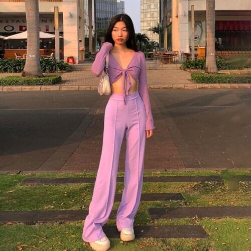 2021 Summer Y2K Casual Pants High Waist Solid Straight Loose Purple Long Pants Fashion All-match Soft Streetwear Women Trousers