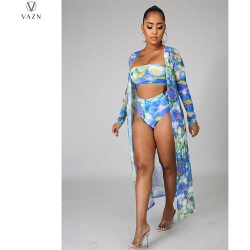 VAZN 2021 Summer Print Sexy Full Sleeve Bikini Stretchy Beach Suit Short Pant Tracksuits Young Women 3 Piece Set