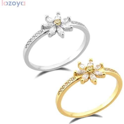 LOZOYA 925 Sterling Silver Gold Wedding Round Chrysanthemum Flower Rings Clear Women Luxury Crystal Fashion Fine Party Jewelry