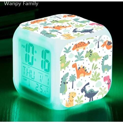 Cute Cartoon Dinosaur Alarm Clock LED Digital Clock 7 Colorful Glowing Light Night Unicornio Kids Bedside Table Clock Kids Gift