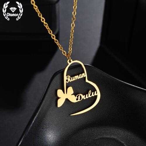 Diamon New Customized Fashion Stainless Steel Double Names Necklace Personalized Letter Big Heart Chain Pendant Nameplate Gift