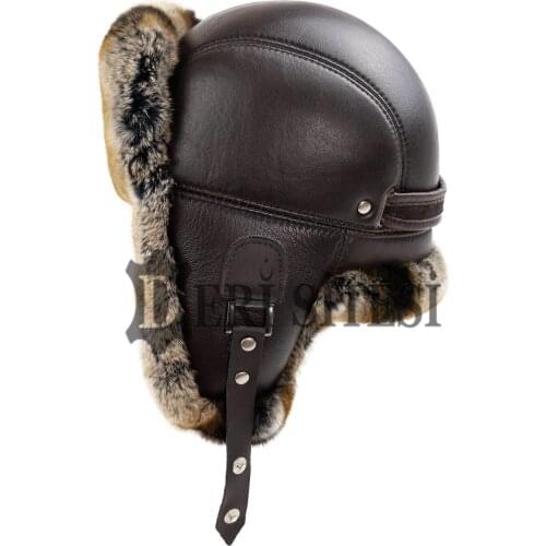 Mens Brown Rex Rabbit Fur Leather Aviator Russian Ushanka Trapper Winter Fur Hat