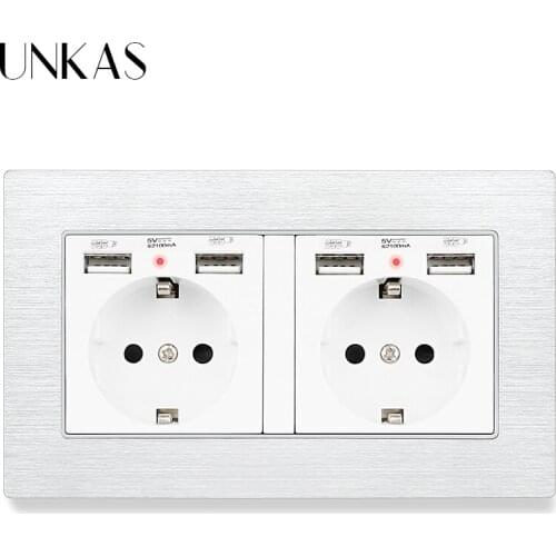 UNKAS EU Standard 146MM * 86MM Aluminum Metal Panel Wall Socket With 4 USB Charging Port 16A Hidden Soft LED Indicator Outlet