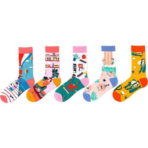 Novelty Funny Mens Socks Combed Cotton Mermaid Cartoon Crazy Cat Balloon Books Fish Colorful Harajuku Skateboard Female Socks