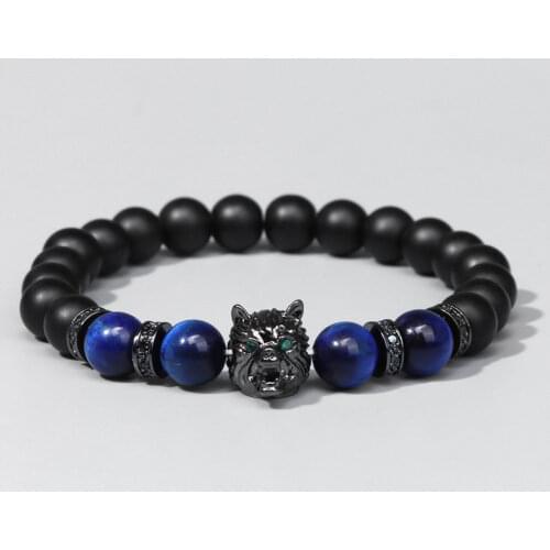 New Handmade 8mm Beaded Bracelet Men Natural Stone Blue Tiger Eye Beads Bracelet Black Wolf Head Charm Energy Bracelet Jewelry
