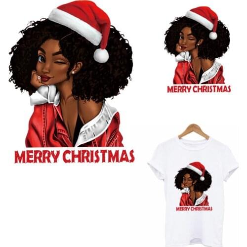 Christmas Black Girl Iron On Patches For Clothes DIY Washable Heat Transfer Beautiful Girl Thermal Sticker On Clothing Appliqued