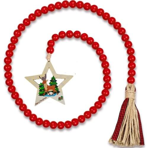 Christmas Wood Bead Tasser String Pendant Santa Claus Elk Snowman Pattern Xmas Decoration Hanging Ornaments