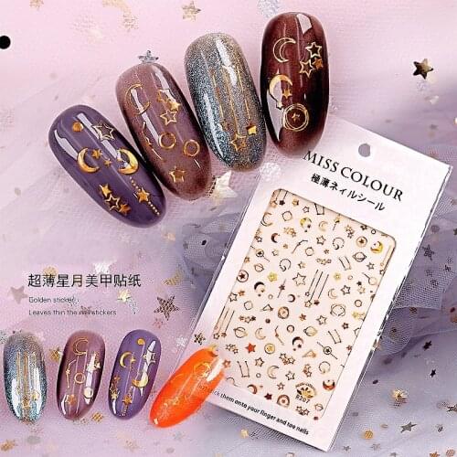 2 Sheets self-adhesive gold nail sticker decals for nail art tips decorations manicure fake nails accessoires star moon stickers