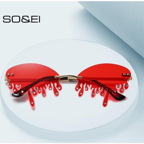 SO&EI Ins Popular Fashion Unique Tears Shape Women Sunglasses Luxury Diamond Rimless Clear Ocean Lens Female Crystal Sun Glasses