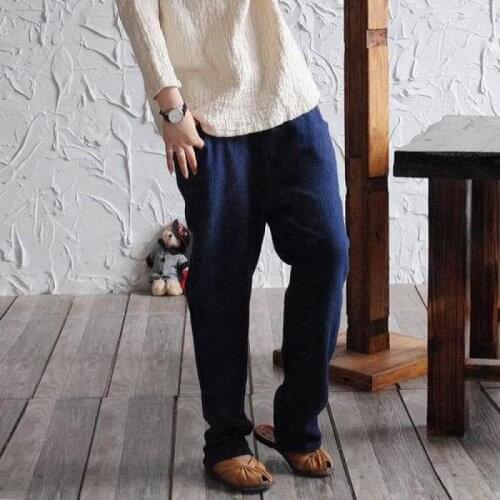 2020 Spring Chinese Original Vintage Style Cotton Linen Women Pants Drawstring Elastic Waist Solid Color Literary Trousers