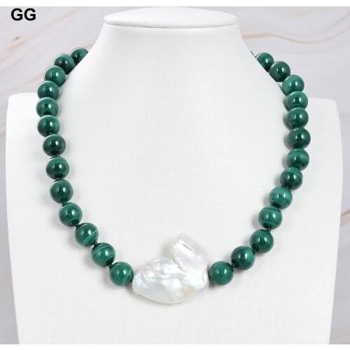GG Jewelry 17" Natural 12mm Genuine Round Green Malachite Freshwater White Keshi Pearl chokers Necklace for ethnic for women
