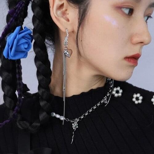 2021 Fashion Metal Chain Geometric Necklace For Women Girls Elegant Freshwater Pearl Green Crystal Pendant Heart Tassels Earring