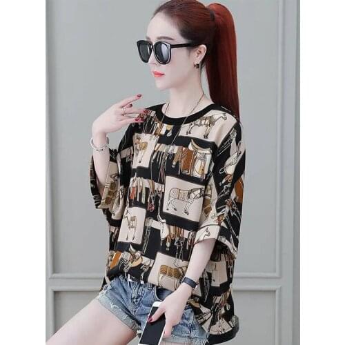Women Spring Summer Style Chiffon Blosues Shirts Lady Casual Short O-Neck Flower Printed Blusas Tops ZZ0308