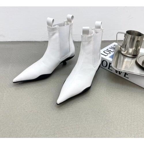 Women Chelsea Boots Black White Ankle Boots for Woman Winter Boots Slip On Thin Mid Heels Elastic Band Shoes High Quality 2022