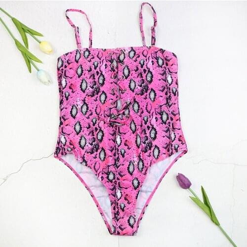 Print snake skin girls one piece wire free women swimwear swimsuit swimming halter rose red pink high waist bandeau hot sexy new