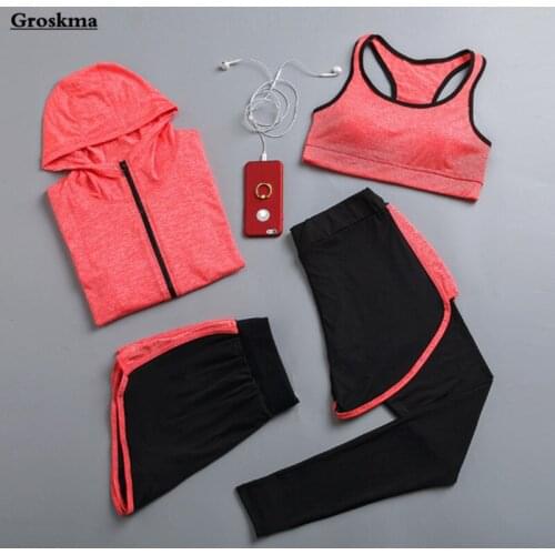 4 pieces set hooded coats+sexy bra+shorts+pants women yoga sportswear clothing quick dry fitness gym tracksuit autumn sets