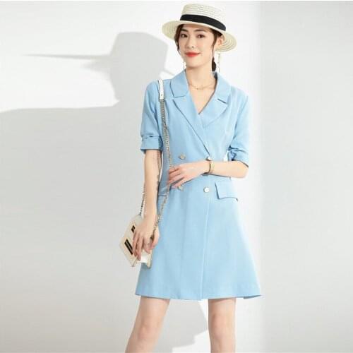 Blue acetate double breasted suit dress women summer long work office sexy party luxury qipao collar dresses plus size