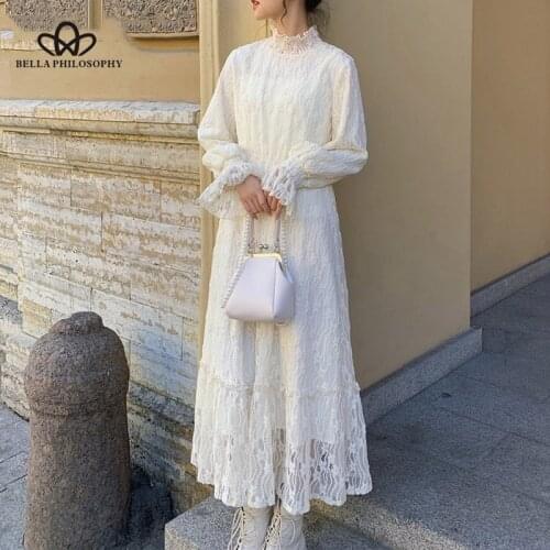 HStar Women Autumn Winter Elegant Dress Vintage Lace Mesh Female Long Maxi Dress Casual Lady Party Dress Vestidos