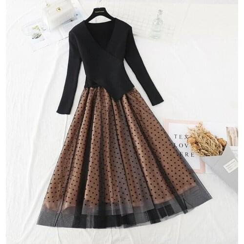 Women Knitted Sweater Long Dresses stitching Spring Autumn dress 2021 new Polka Dot Mesh Slim Dress