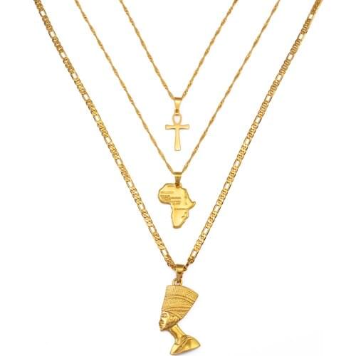 Anniyo 3pcs Necklaces Together Ankh Nefertiti Africa Map Pendant Gold Color Birthday Party Ethnic Jewelry Women #244606
