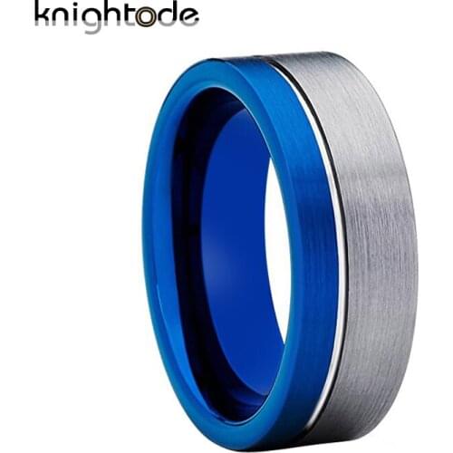 8mm Blue Tungsten Wedding Bands Men Women Anniversary Ring Comfort Fit Brushed Finish Offset Line Flat Band