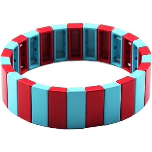 Enameled Tile Bracelets Bohemian Rainbow Elastic Stretch Bracelet Stackable Rectangle Honeycomb Flat Beads Braided Bracelet Girl