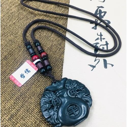Zheru natural and Tian Moyu carved black bat vase pendant with sandalwood beads necklace men and women sweater chain