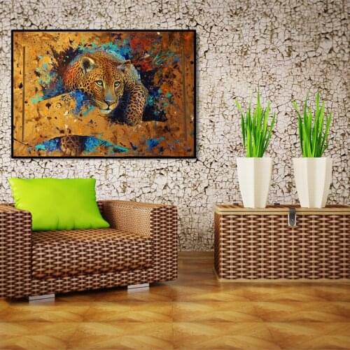 Modern Abstract Animal Posters and Prints Wall Art Canvas Painting Leopard Coming out of the Wall Pictures for Living Room Decor