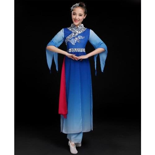 Chinese Classic slender high quality minority elegant style national dance new modern blue and white porcelain Classical Costume